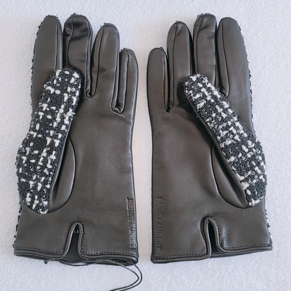 Authentic Saint Laurent YSL Checked Boucle Tweed Wool & Leather Gloves - Picture 2 of 16